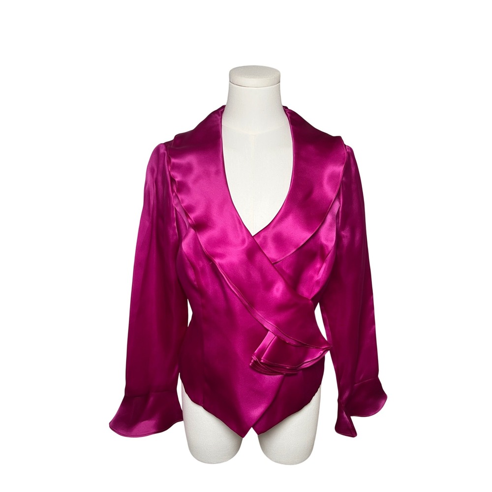 Frascara Silk Satin Wrap Blouse Fuchsia Pink‎ Ruffle Cocktail Evening Top 10